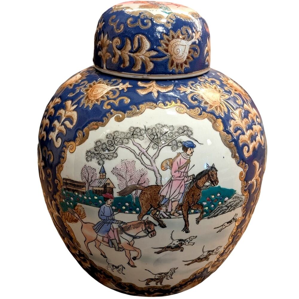 Vintage WBI China Fox Hunt Hunting Dog Horse Equestrian Ginger Jar